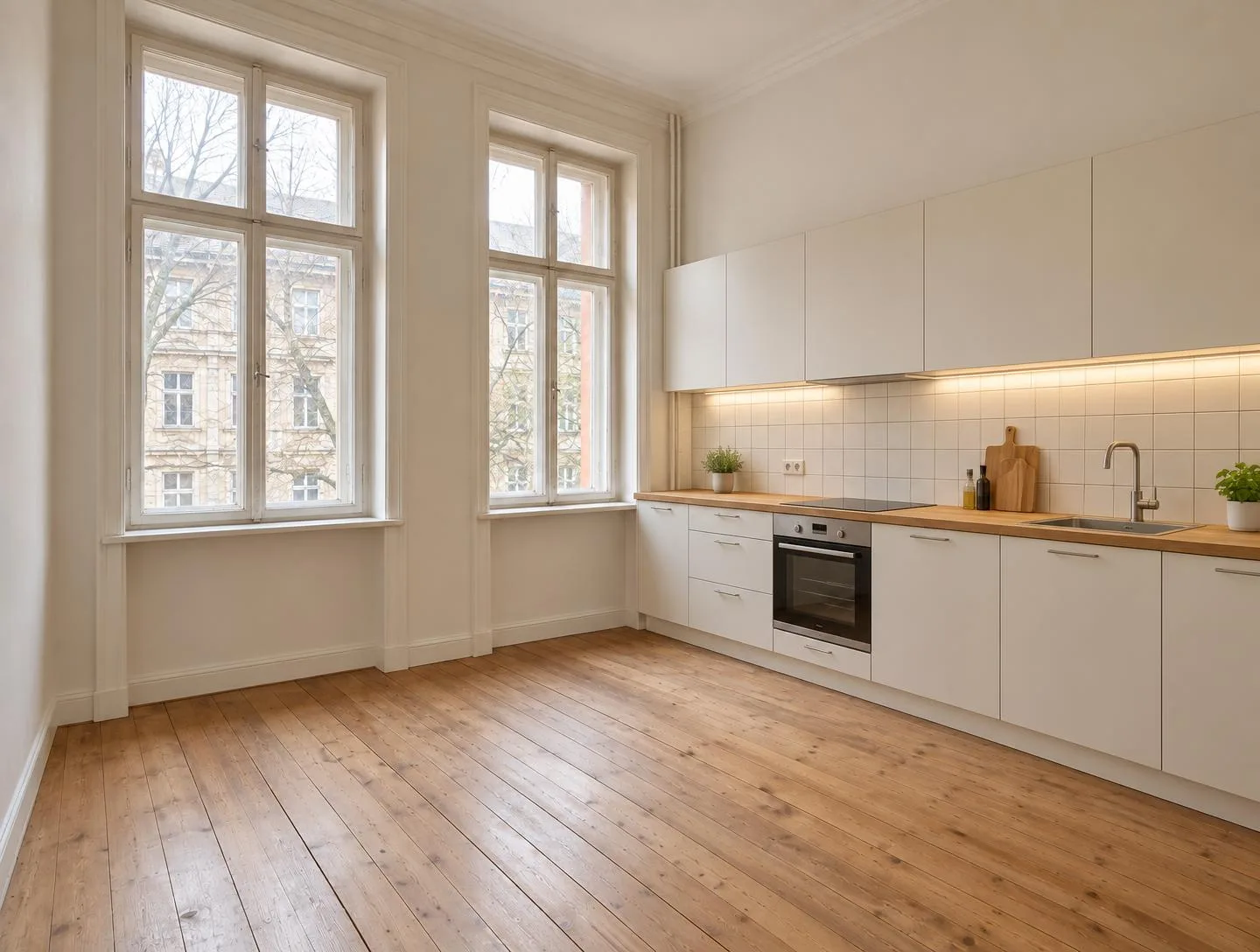 Altbau-Küche im Rohbau und dieselbe Küche mit Einbauküche
